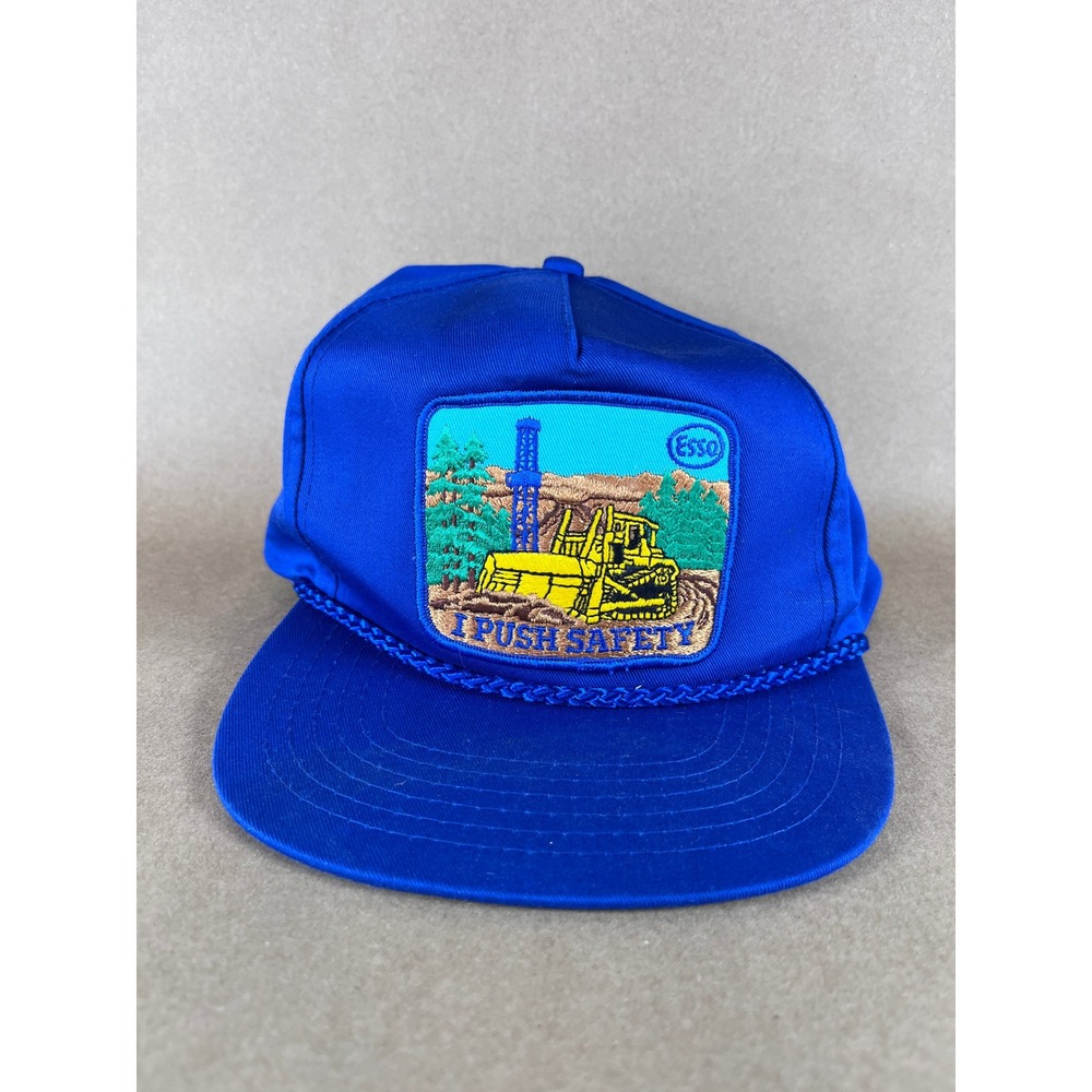 Vintage Esso I Push Safety Trucker Hat AJM Blue Snapback Bulldozer Patch Cap